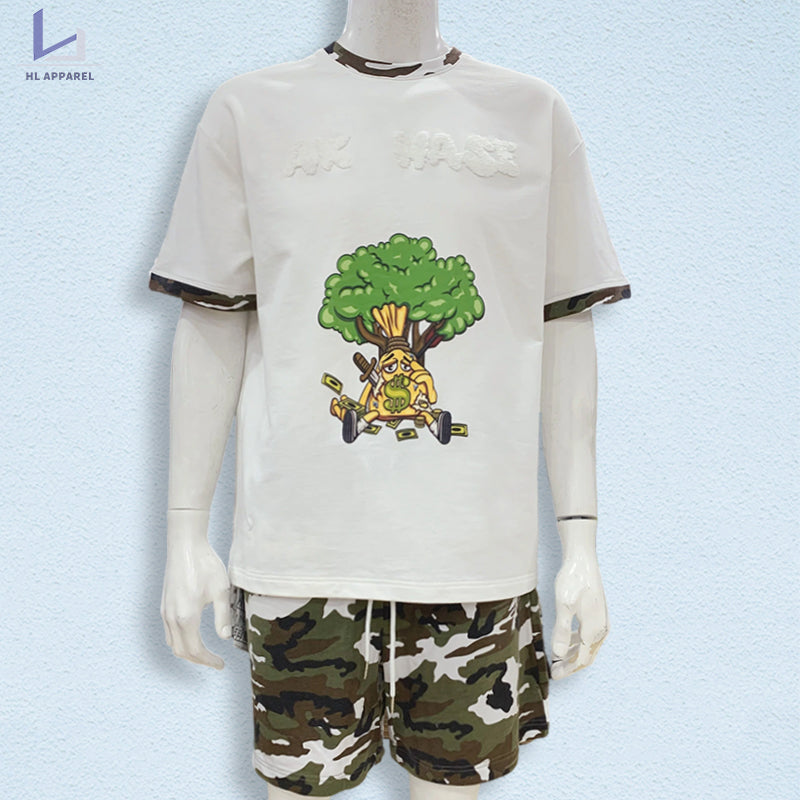 Monster factory wholesale cotton two piece outfit men's graphic tee & shorts t shirt custom