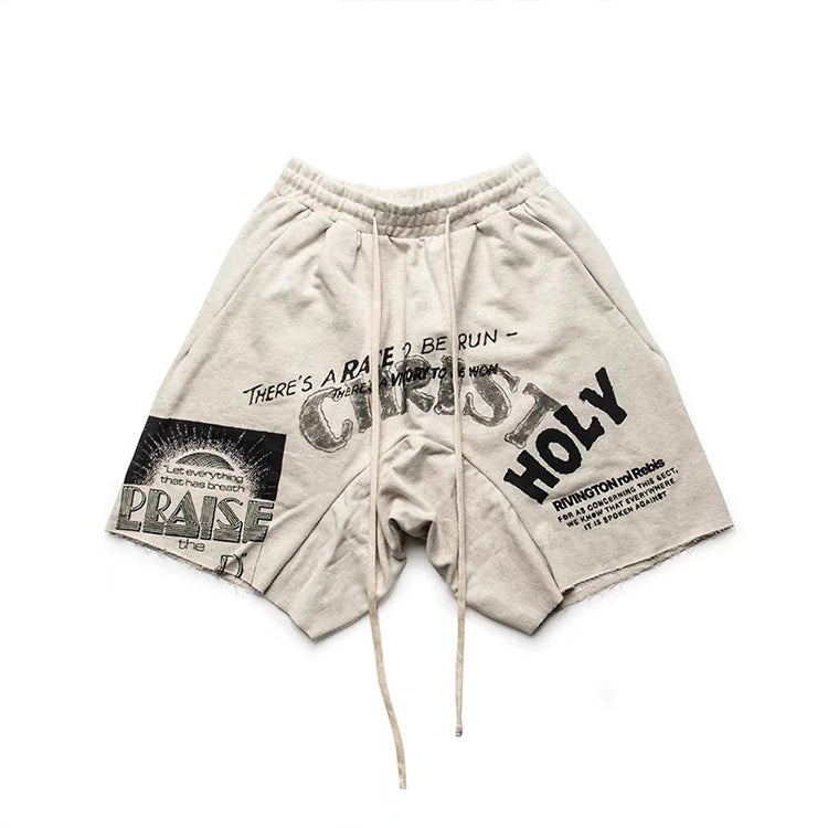Monster factory wholesale streetwear cut edge raw hem men custom printed  sports shorts
