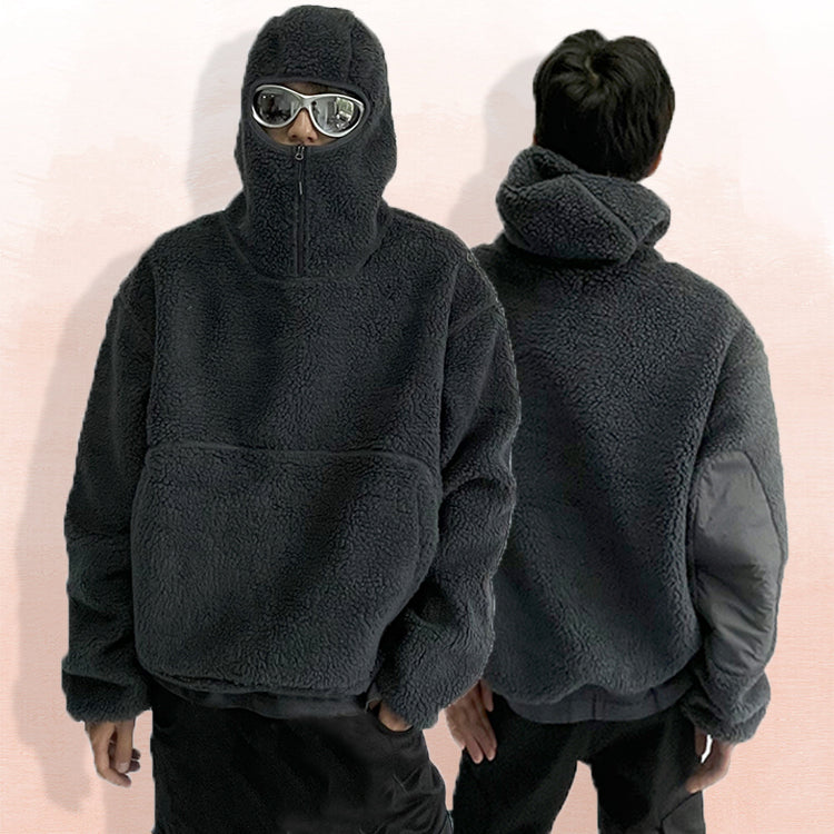 Monster factory wholesale sherpa fleece pullover hoodie men custom half face heavy mask ninja hoodie