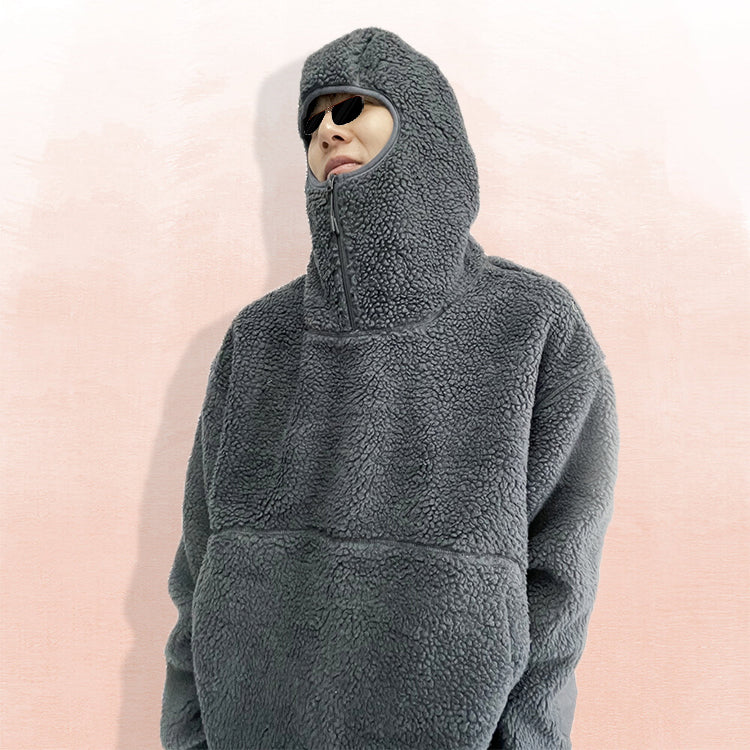 Monster factory wholesale sherpa fleece pullover hoodie men custom half face heavy mask ninja hoodie