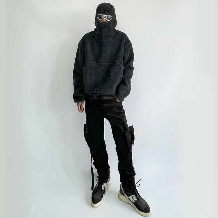 Monster factory wholesale sherpa fleece pullover hoodie men custom half face heavy mask ninja hoodie