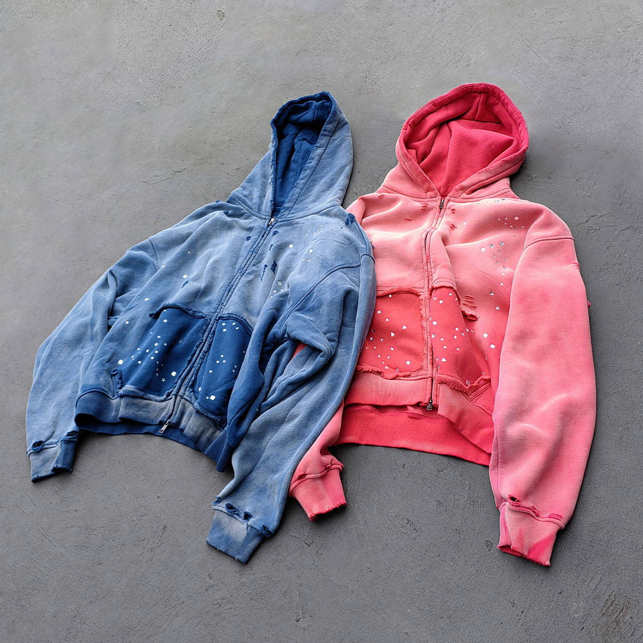 Acid Wash Hoodie - Gradient Ombre Rhinestone Sequin Ripped Full Zip Y2K Oversized
