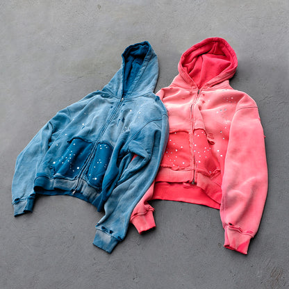 Acid Wash Hoodie - Gradient Ombre Rhinestone Sequin Ripped Full Zip Y2K Oversized