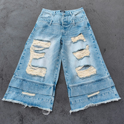 Wide Leg Jeans - Light Blue Acid Wash Double Waistband Heavy Ripped Distressed Frayed Hem Y2K Streetwear