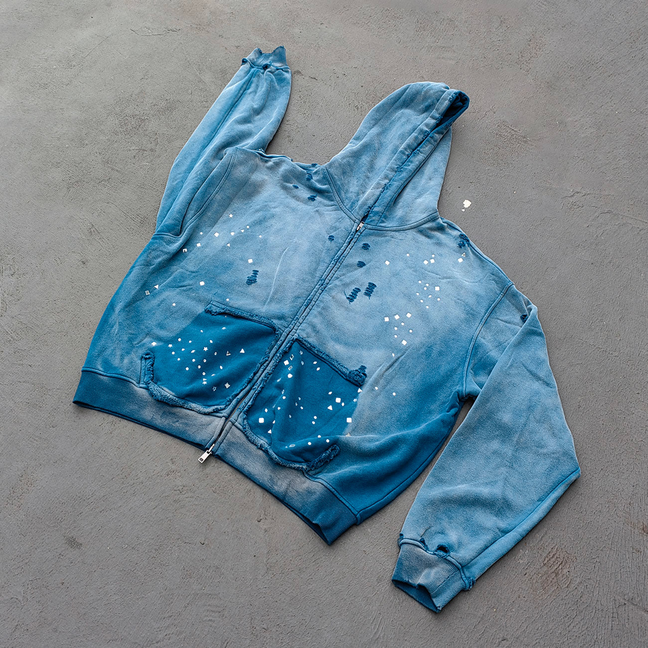 Acid Wash Hoodie - Gradient Ombre Rhinestone Sequin Ripped Full Zip Y2K Oversized