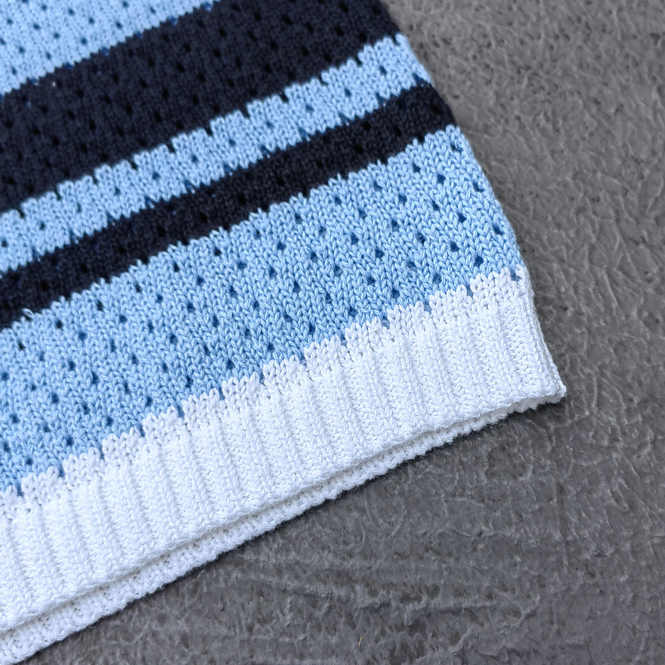 Crochet Knit Polo Set - Light Blue White Black Stripe Shirt Shorts Y2K Vacation Streetwear