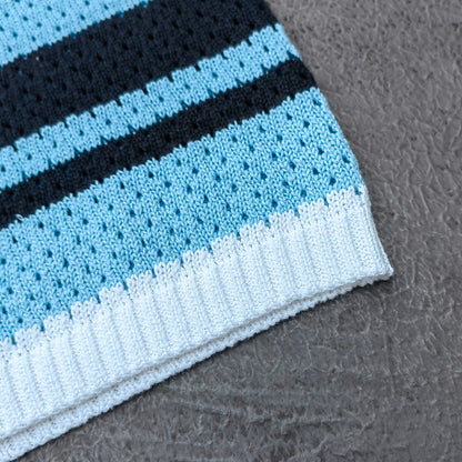 Crochet Knit Polo Set - Light Blue White Black Stripe Shirt Shorts Y2K Vacation Streetwear