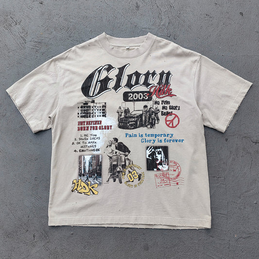 Glory Hdk Graphic Tee - Oatmeal Dirty Wash Vintage Magazine Collage Print Distressed Ripped Raw Hem Y2K Streetwear