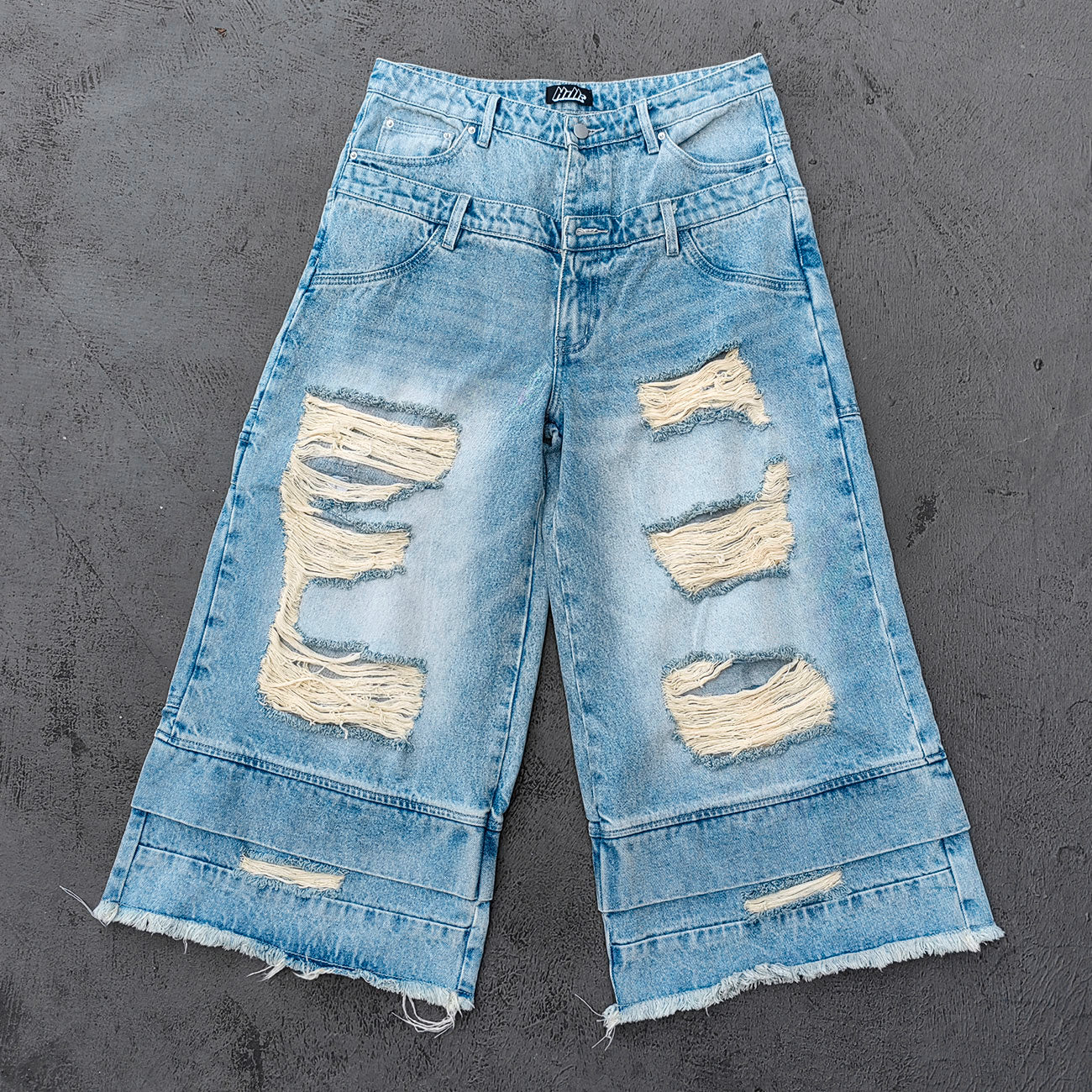 Wide Leg Jeans - Light Blue Acid Wash Double Waistband Heavy Ripped Distressed Frayed Hem Y2K Streetwear