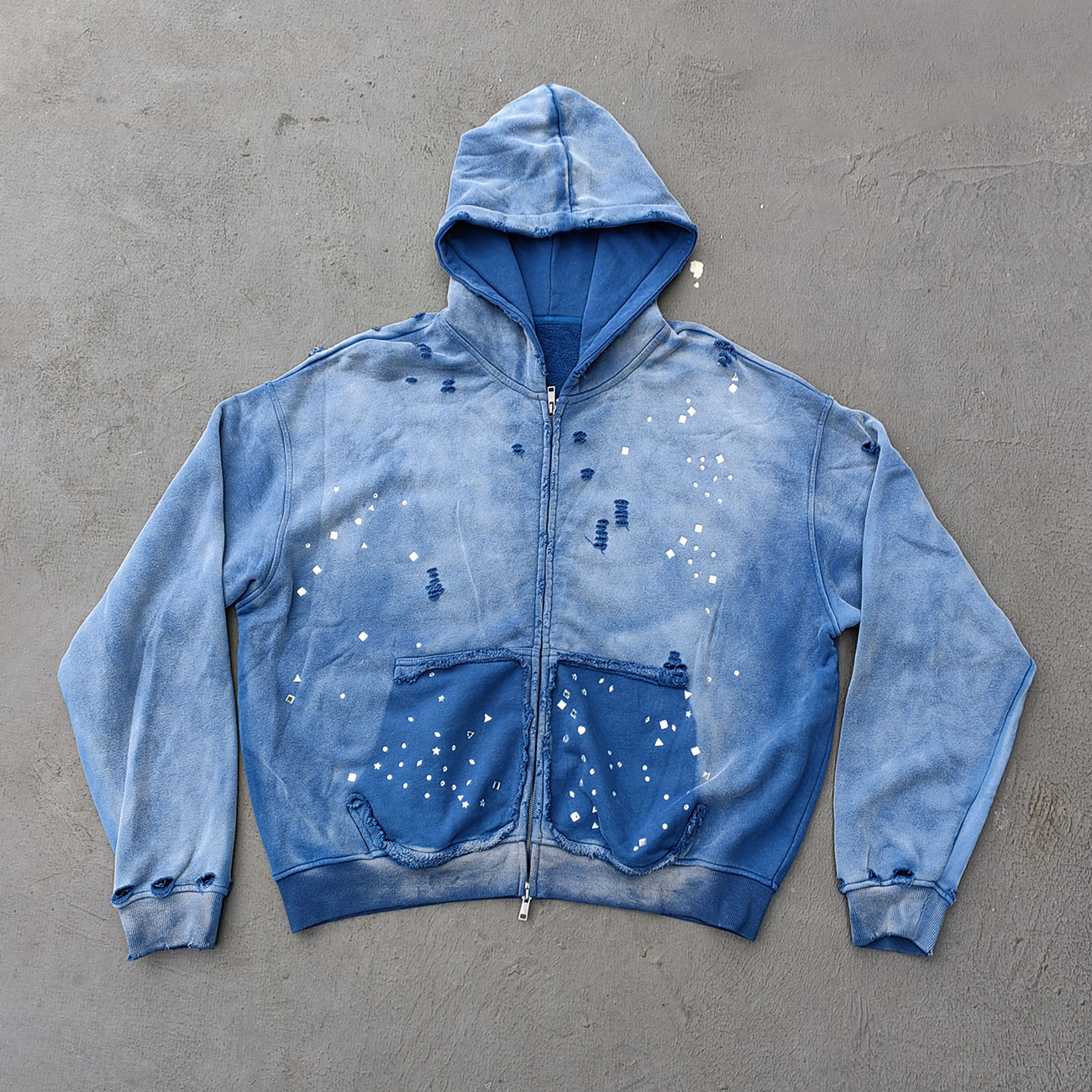 Acid Wash Hoodie - Gradient Ombre Rhinestone Sequin Ripped Full Zip Y2K Oversized