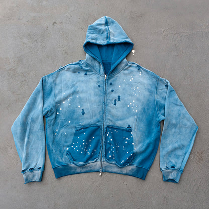 Acid Wash Hoodie - Gradient Ombre Rhinestone Sequin Ripped Full Zip Y2K Oversized