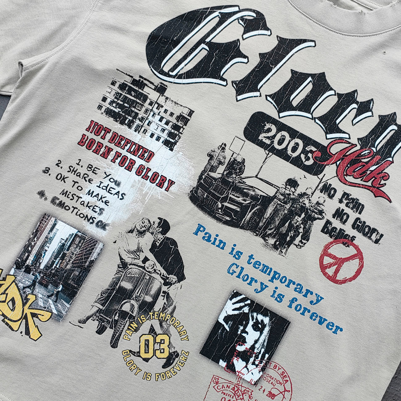 Glory Hdk Graphic Tee - Oatmeal Dirty Wash Vintage Magazine Collage Print Distressed Ripped Raw Hem Y2K Streetwear