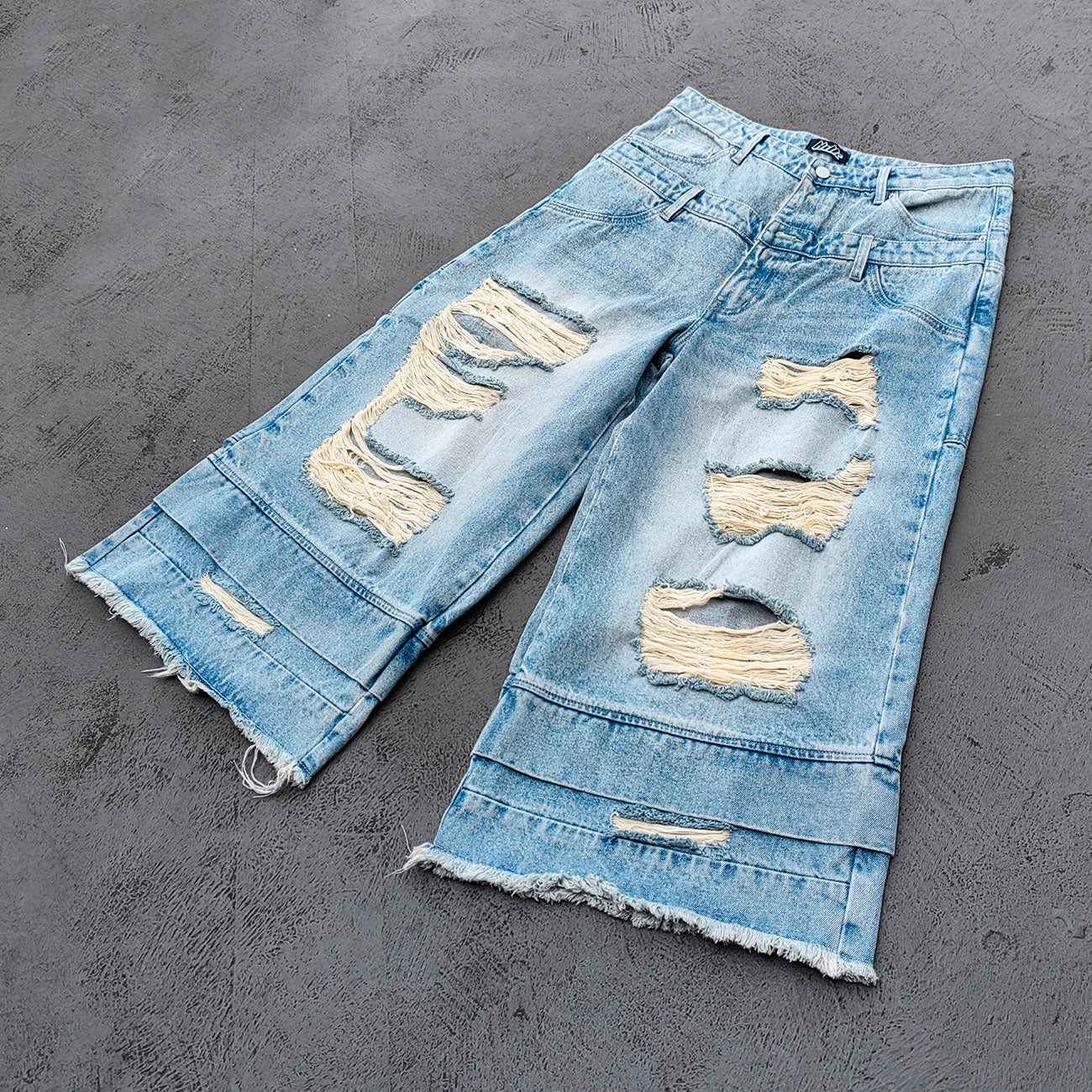 Wide Leg Jeans - Light Blue Acid Wash Double Waistband Heavy Ripped Distressed Frayed Hem Y2K Streetwear