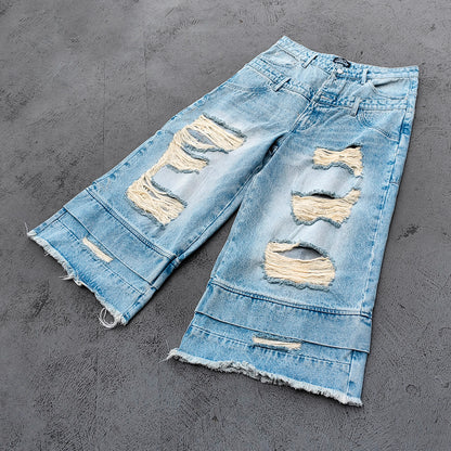 Wide Leg Jeans - Light Blue Acid Wash Double Waistband Heavy Ripped Distressed Frayed Hem Y2K Streetwear