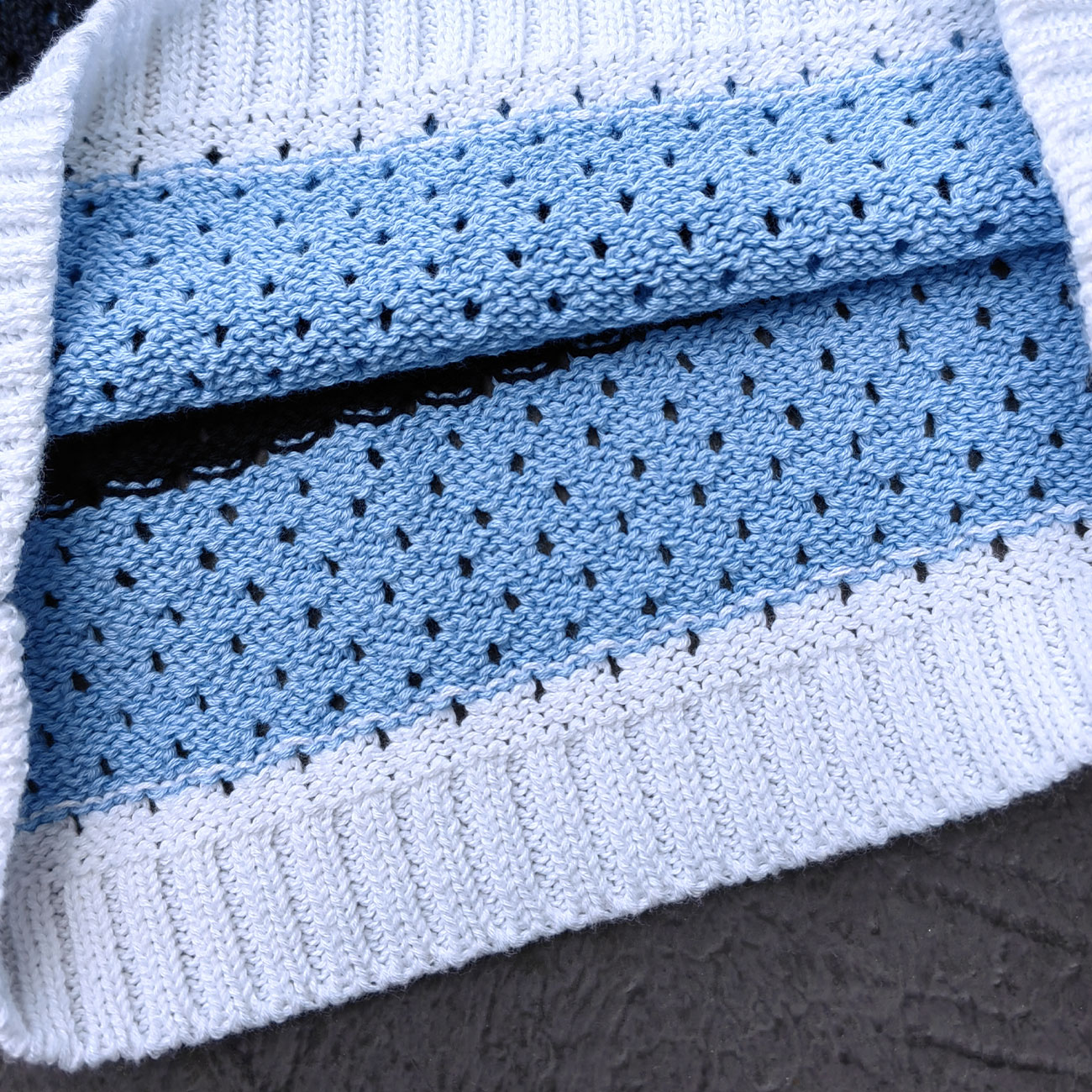 Crochet Knit Polo Set - Light Blue White Black Stripe Shirt Shorts Y2K Vacation Streetwear