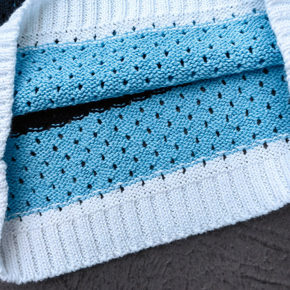 Crochet Knit Polo Set - Light Blue White Black Stripe Shirt Shorts Y2K Vacation Streetwear