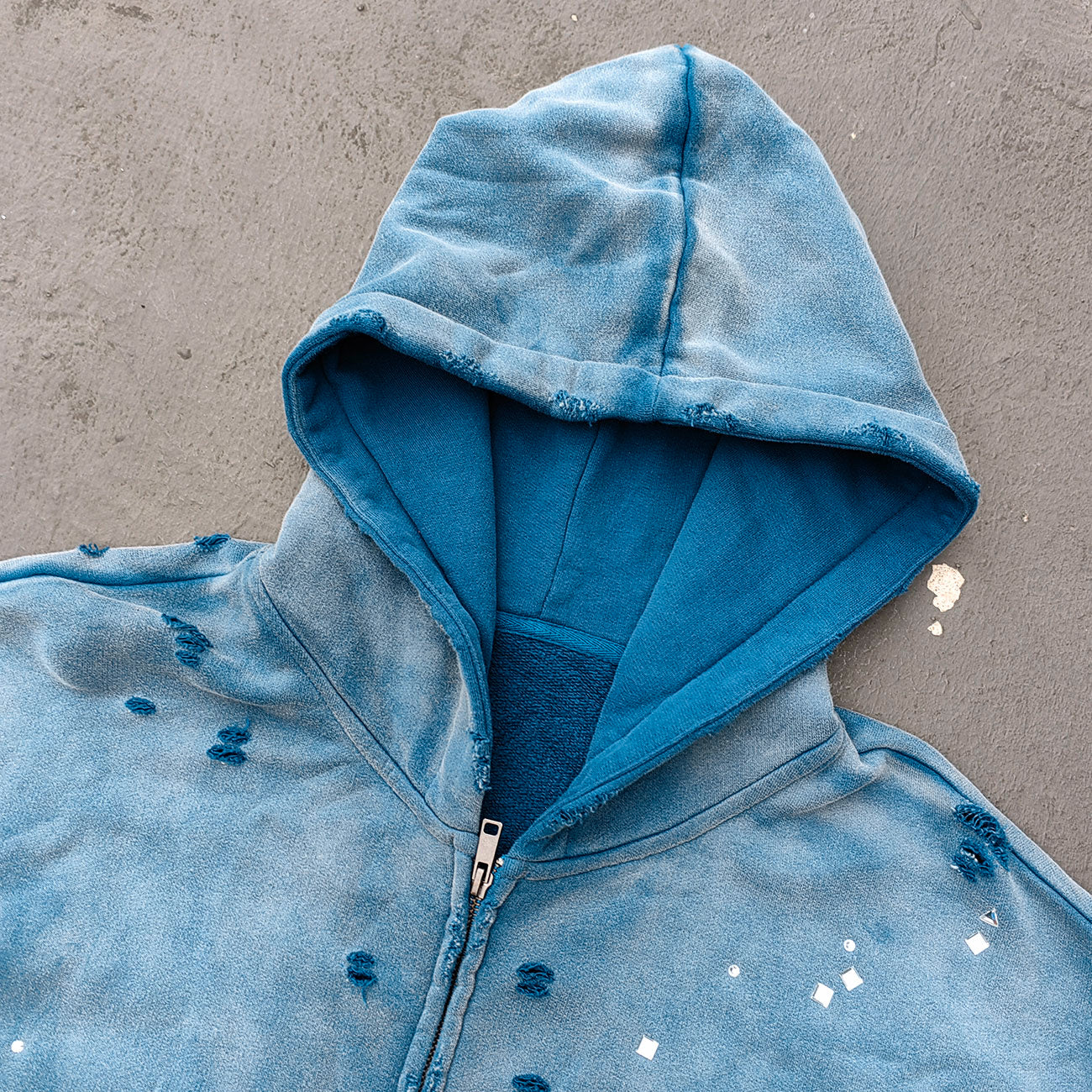 Acid Wash Hoodie - Gradient Ombre Rhinestone Sequin Ripped Full Zip Y2K Oversized