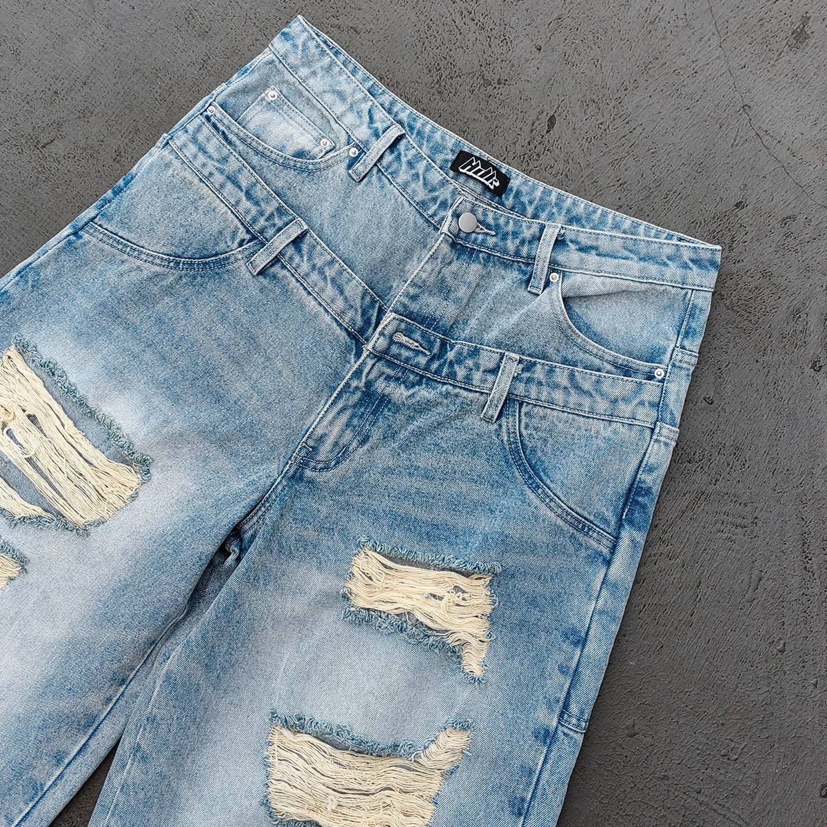 Wide Leg Jeans - Light Blue Acid Wash Double Waistband Heavy Ripped Distressed Frayed Hem Y2K Streetwear