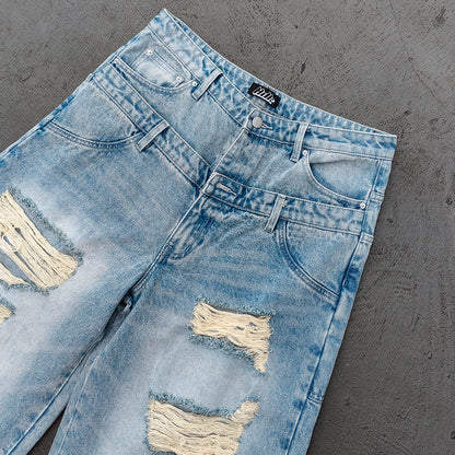 Wide Leg Jeans - Light Blue Acid Wash Double Waistband Heavy Ripped Distressed Frayed Hem Y2K Streetwear