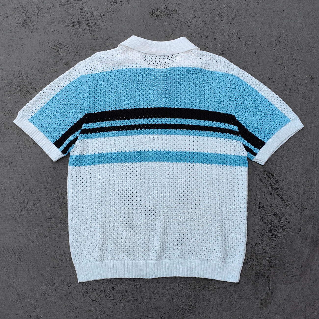 Crochet Knit Polo Set - Light Blue White Black Stripe Shirt Shorts Y2K Vacation Streetwear
