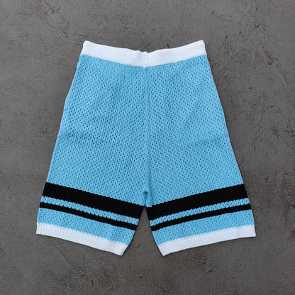 Crochet Knit Polo Set - Light Blue White Black Stripe Shirt Shorts Y2K Vacation Streetwear