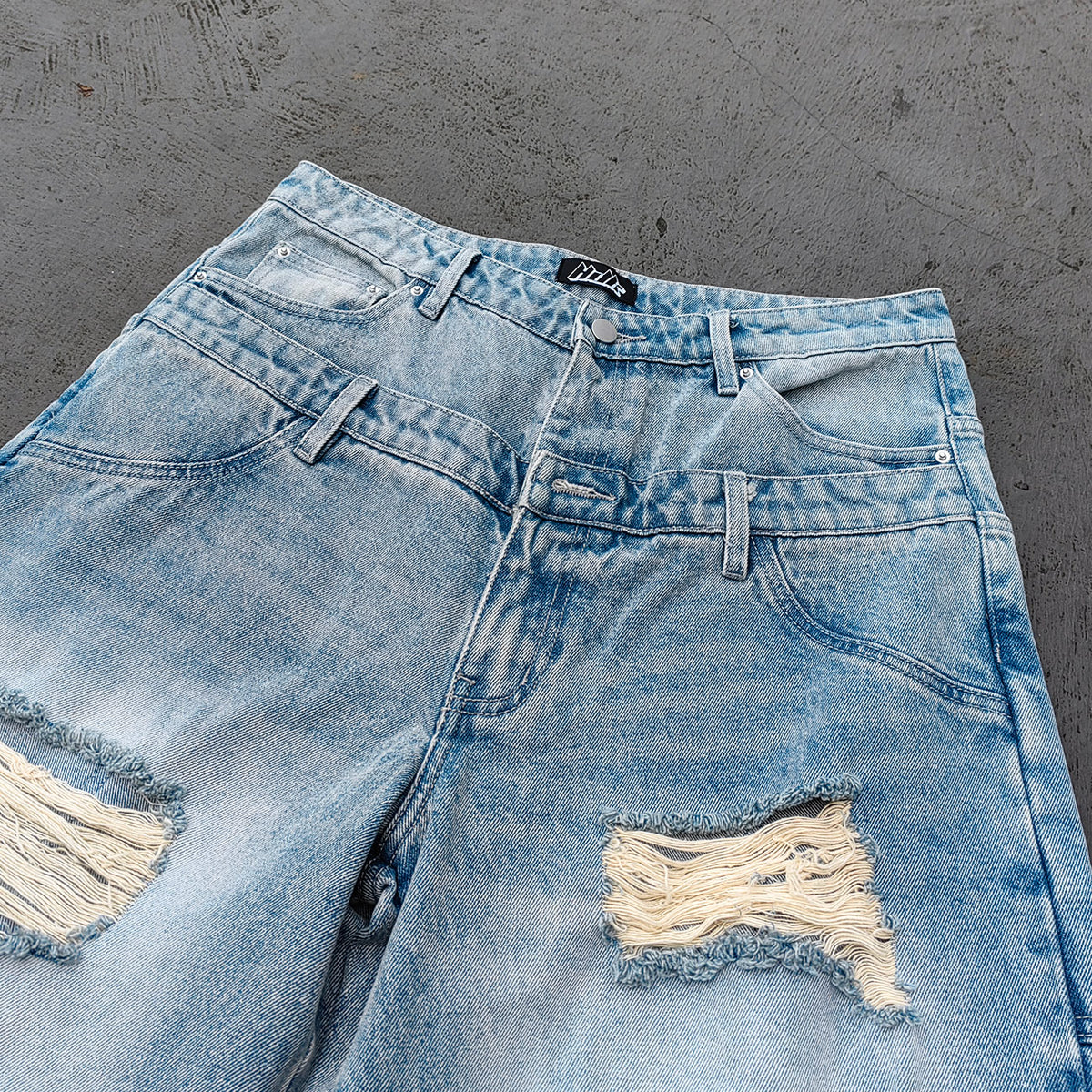 Wide Leg Jeans - Light Blue Acid Wash Double Waistband Heavy Ripped Distressed Frayed Hem Y2K Streetwear