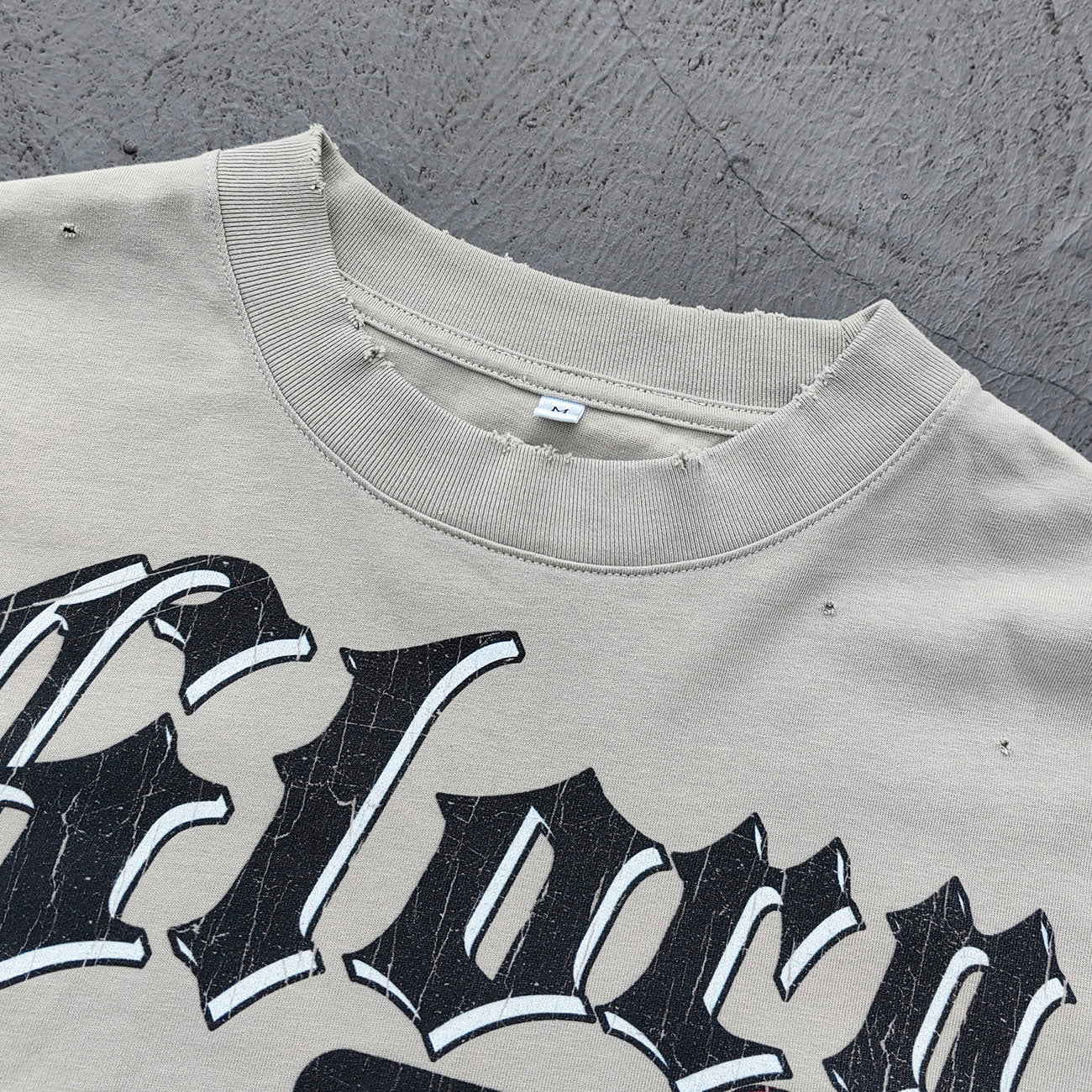 Glory Hdk Graphic Tee - Oatmeal Dirty Wash Vintage Magazine Collage Print Distressed Ripped Raw Hem Y2K Streetwear