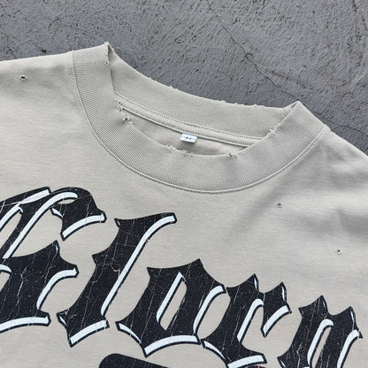 Glory Hdk Graphic Tee - Oatmeal Dirty Wash Vintage Magazine Collage Print Distressed Ripped Raw Hem Y2K Streetwear