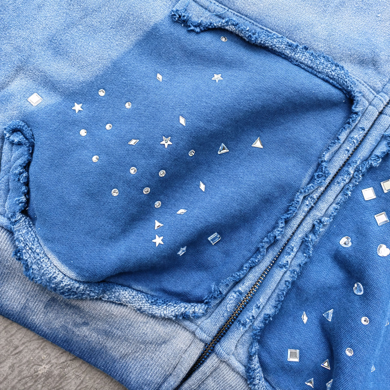 Acid Wash Hoodie - Gradient Ombre Rhinestone Sequin Ripped Full Zip Y2K Oversized