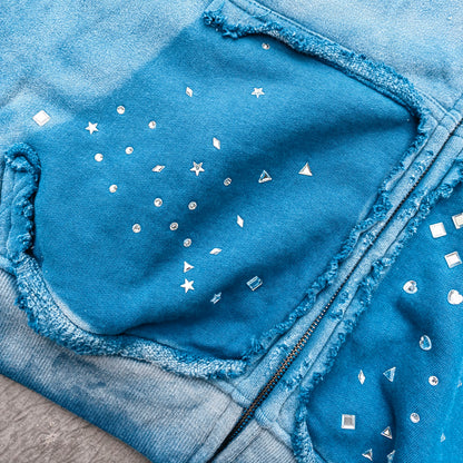 Acid Wash Hoodie - Gradient Ombre Rhinestone Sequin Ripped Full Zip Y2K Oversized