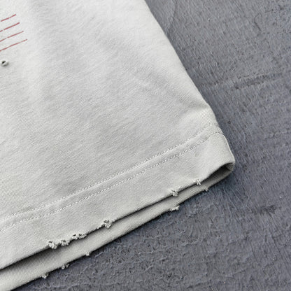 Glory Hdk Graphic Tee - Oatmeal Dirty Wash Vintage Magazine Collage Print Distressed Ripped Raw Hem Y2K Streetwear
