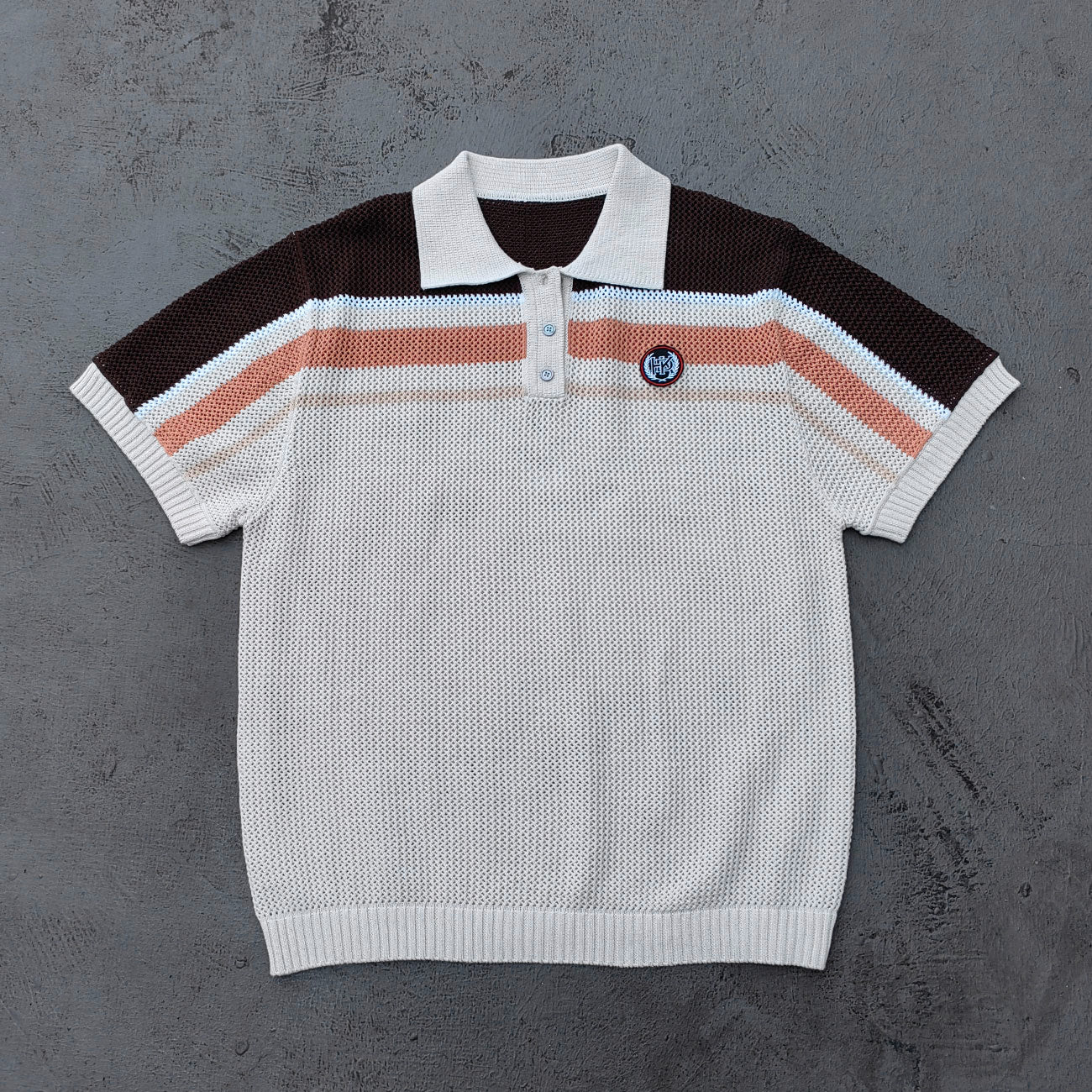 Y2K Knit Polo Set - Oatmeal Brown Stripe Open Weave Half Button Shirt & Drawstring Shorts Oversized