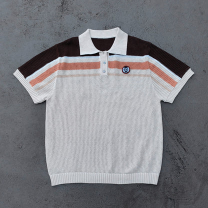 Y2K Knit Polo Set - Oatmeal Brown Stripe Open Weave Half Button Shirt & Drawstring Shorts Oversized