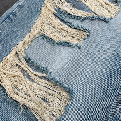 Wide Leg Jeans - Light Blue Acid Wash Double Waistband Heavy Ripped Distressed Frayed Hem Y2K Streetwear
