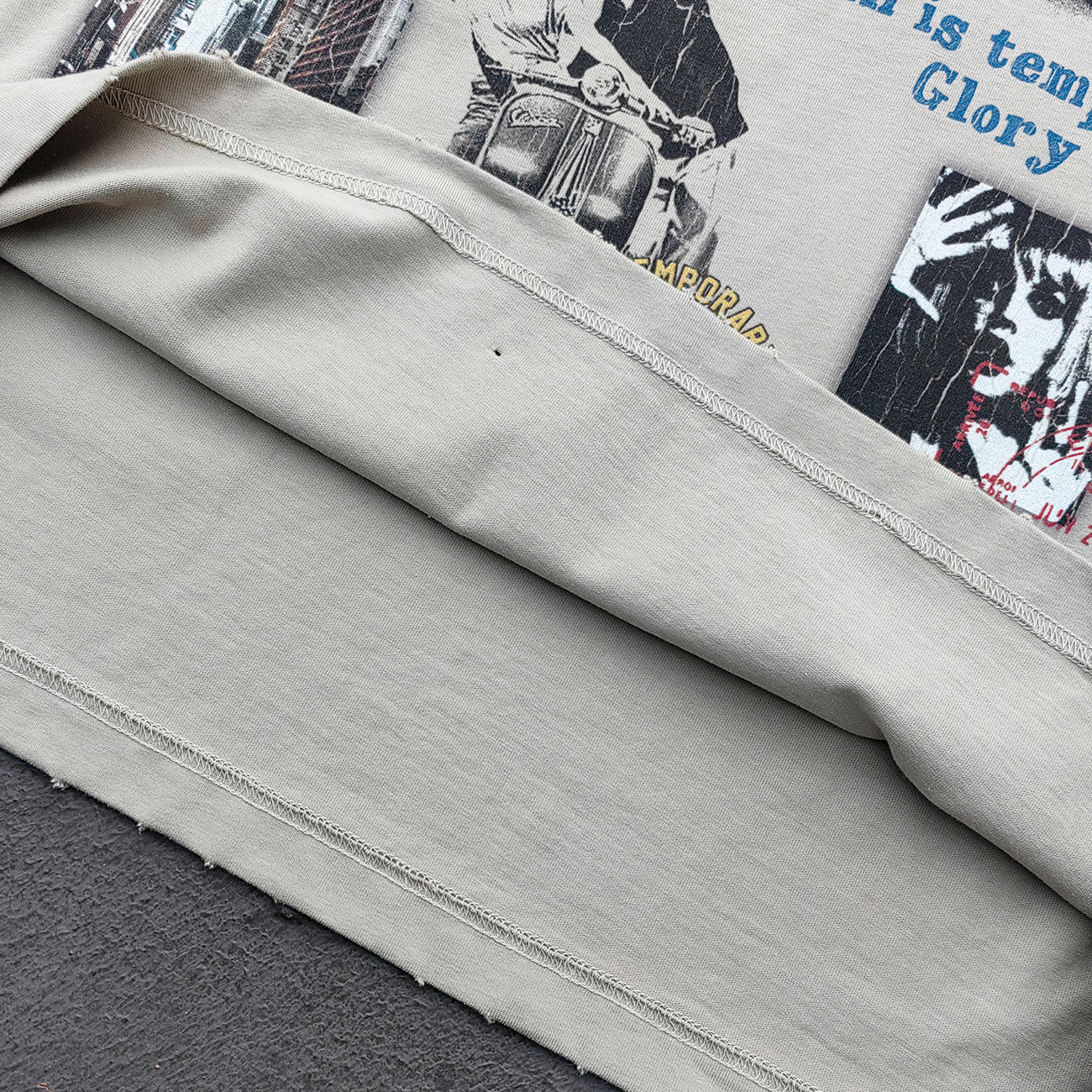 Glory Hdk Graphic Tee - Oatmeal Dirty Wash Vintage Magazine Collage Print Distressed Ripped Raw Hem Y2K Streetwear