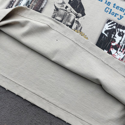 Glory Hdk Graphic Tee - Oatmeal Dirty Wash Vintage Magazine Collage Print Distressed Ripped Raw Hem Y2K Streetwear