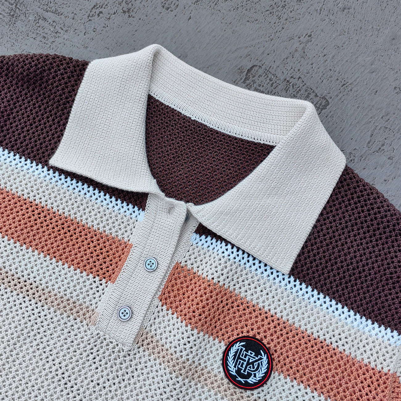 Y2K Knit Polo Set - Oatmeal Brown Stripe Open Weave Half Button Shirt & Drawstring Shorts Oversized