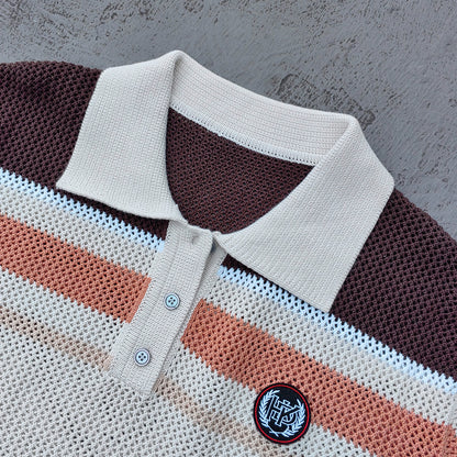 Y2K Knit Polo Set - Oatmeal Brown Stripe Open Weave Half Button Shirt & Drawstring Shorts Oversized
