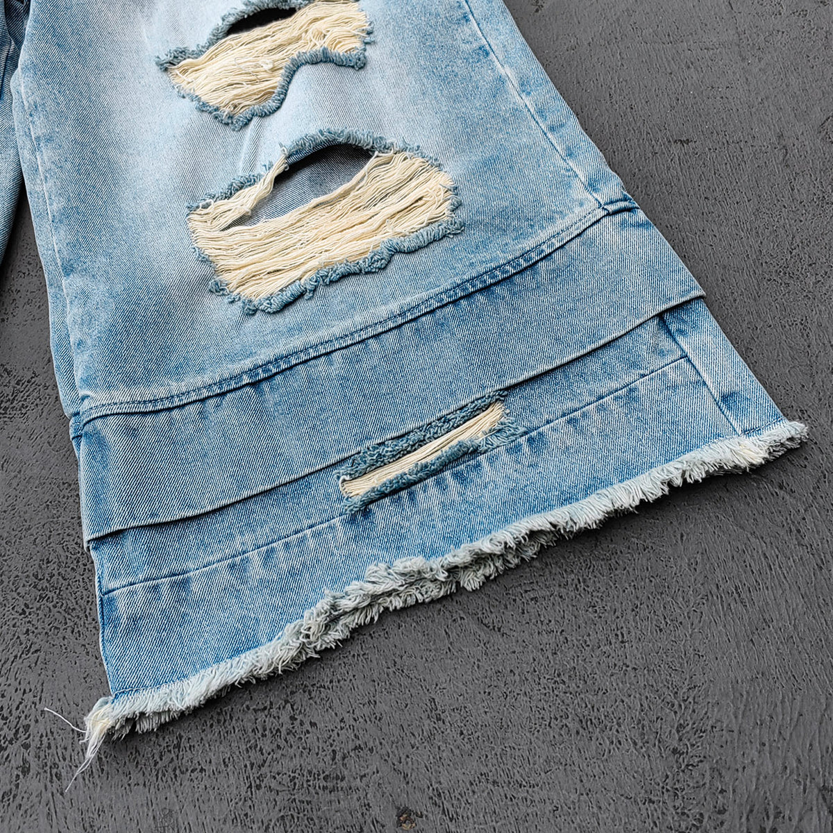 Wide Leg Jeans - Light Blue Acid Wash Double Waistband Heavy Ripped Distressed Frayed Hem Y2K Streetwear