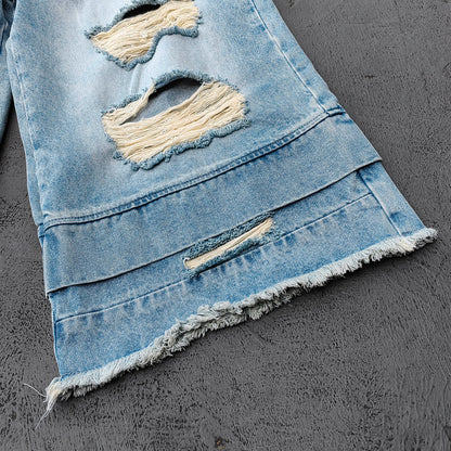 Wide Leg Jeans - Light Blue Acid Wash Double Waistband Heavy Ripped Distressed Frayed Hem Y2K Streetwear