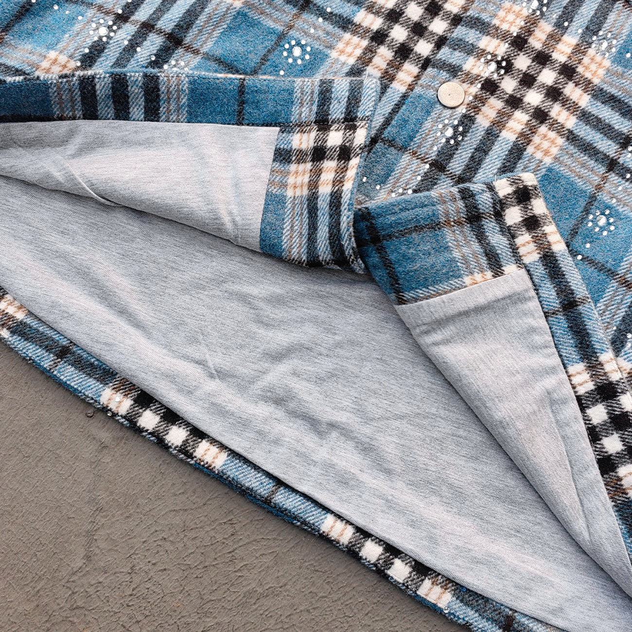 Gothic Embroidered Hooded Flannel - Blue Plaid Rhinestone Snap Button Shacket