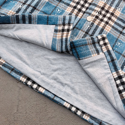 Gothic Embroidered Hooded Flannel - Blue Plaid Rhinestone Snap Button Shacket