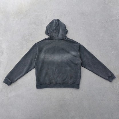 Black Vintage Wash Hoodie - Brass Zipper Full Zip Cropped Boxy Y2K Oversized