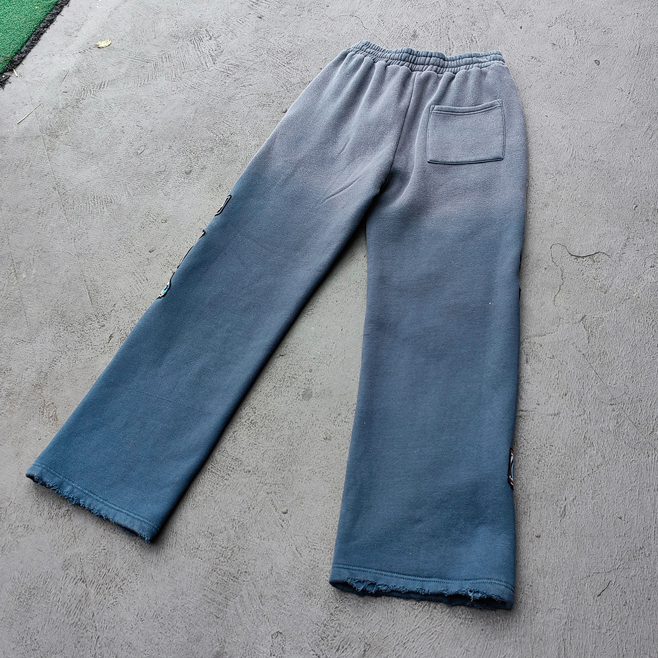 Gray Blue Glory Patch Pants - Multi Badge Embroidered Acid Wash Wide Leg Drawstring Y2K Oversized