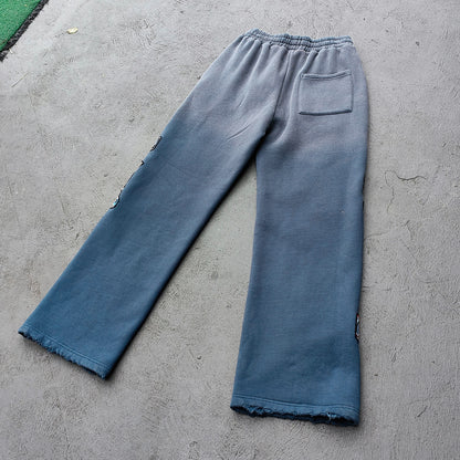 Gray Blue Glory Patch Pants - Multi Badge Embroidered Acid Wash Wide Leg Drawstring Y2K Oversized