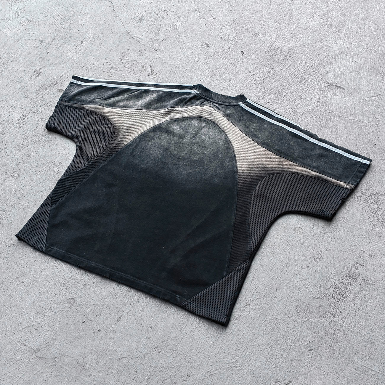 Mesh Panel T-Shirt - Black Gray Gradient Three Stripe HDK Logo Distressed Y2K Streetwear