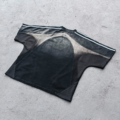 Mesh Panel T-Shirt - Black Gray Gradient Three Stripe HDK Logo Distressed Y2K Streetwear