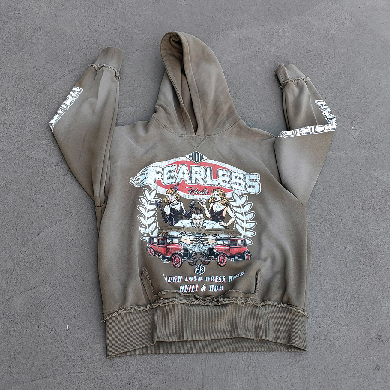 FEARLESS Graphic Hoodie - Vintage Comic Print Olive Wash Y2K Streetwear