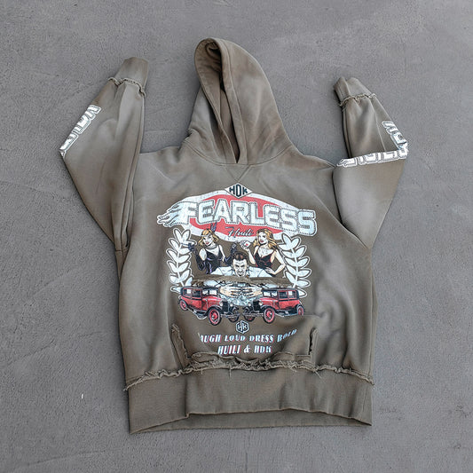 FEARLESS Graphic Hoodie - Vintage Comic Print Olive Wash Y2K Streetwear
