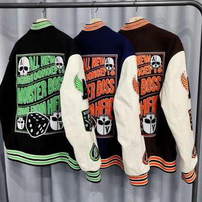 FACTORY streetwear custom leather sleeve applique embroidery varsity jacket